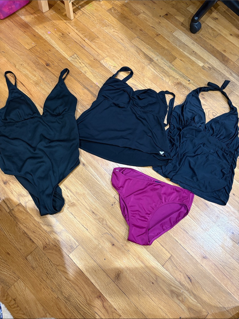 Women’s Black Tankini lot of 3 & One-Piece Swim Set with Magenta Bikini Bottom